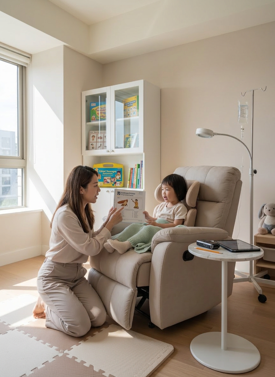 Adult showing a book to child seated in a recliner with IV drip