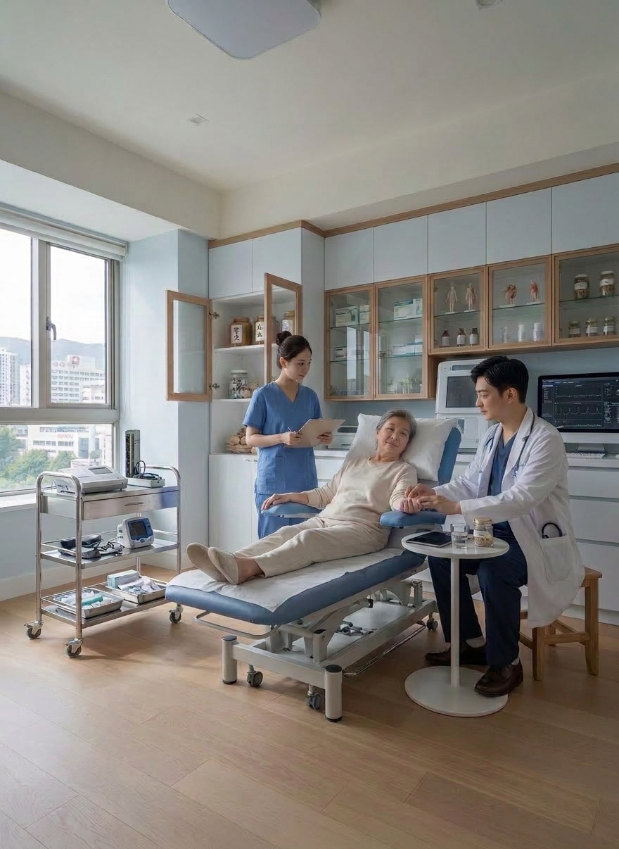 A bright, orderly home living room transformed for private nursing care, with a reclining armchair draped with a pastel green blanket, a portable IV stand, a compact mobile examination lamp, and a discreet medical supply cabinet against the wall. A tablet rests on a small side table, its screen showing a simple booking confirmation interface in Chinese. Natural afternoon light streams through a large window, illuminating soft beige walls and light oak flooring. Photographic realism, wide-angle shot from a corner perspective, balanced composition with clear pathways, projecting comfort, safety, and the convenience of in-home medical services without showing any people.