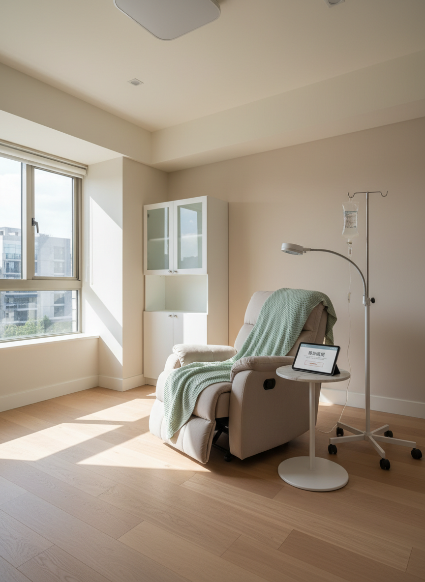 A bright, orderly home living room transformed for private nursing care, with a reclining armchair draped with a pastel green blanket, a portable IV stand, a compact mobile examination lamp, and a discreet medical supply cabinet against the wall. A tablet rests on a small side table, its screen showing a simple booking confirmation interface in Chinese. Natural afternoon light streams through a large window, illuminating soft beige walls and light oak flooring. Photographic realism, wide-angle shot from a corner perspective, balanced composition with clear pathways, projecting comfort, safety, and the convenience of in-home medical services without showing any people.