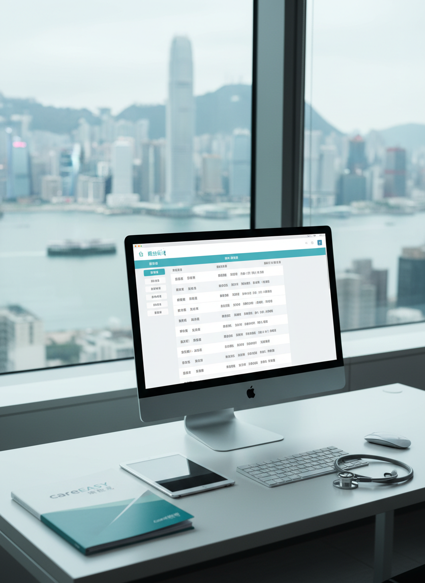A sleek, minimalist desk setup for an online healthcare job-matching platform, with a slim 27-inch monitor displaying a clean interface of medical job listings and booking options in traditional Chinese characters. On the white desk surface, a branded folder labeled “careEASY 康護易” in teal and grey, a closed tablet, and a stethoscope resting near a wireless keyboard. Background shows a softly blurred cityscape of Hong Kong’s harbor through a large window. Cool, diffused daylight creates a professional, high-tech atmosphere. Photographic realism, eye-level composition using rule of thirds, with a calm, confident mood representing a new generation of medical staffing and home-care technology.