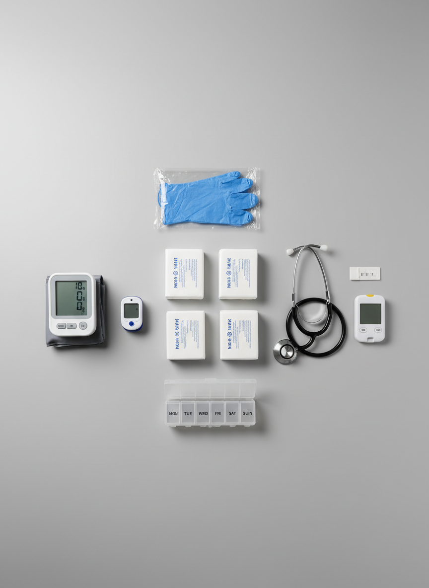 An organized set of home nursing equipment laid out systematically on a light grey, seamless tabletop: sterile bandage packs, a digital sphygmomanometer, pulse oximeter, stethoscope, blood glucose meter, labeled medication organizer, and sealed disposable gloves. Each item is positioned with precise spacing to convey order and reliability. Neutral studio backdrop with soft, diffused overhead lighting creates minimal shadows and crisp highlights on the medical-grade plastics and metals. Photographic realism, top-down bird’s-eye composition with sharp focus and ample negative space around the edges, producing a calm, trustworthy, and professional mood ideal for a medical job-matching and home-care platform.
