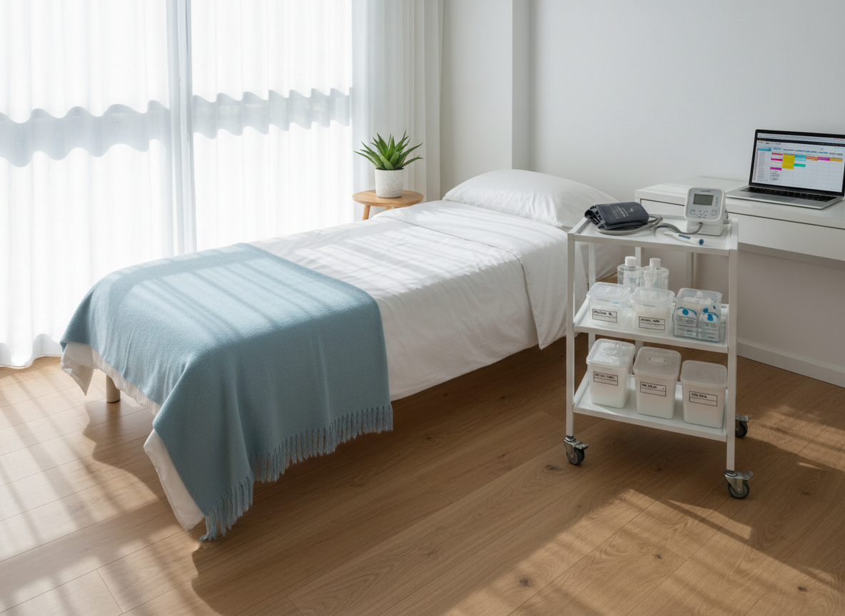 A clean, modern home healthcare workspace without any people, featuring a neatly made single bed with crisp white linens and a pale blue blanket, beside a compact mobile medical trolley stocked with labeled supplies, digital thermometer, and blood pressure monitor. The room has light wood flooring, a small indoor plant on a side table, and a laptop open on a minimalist white desk displaying a scheduling interface. Soft morning daylight filters through sheer curtains, creating gentle, natural shadows. Photographic realism, shot at eye level with a slight angle, sharp focus throughout, conveying a professional yet warm atmosphere suitable for a next-generation medical home-visit service platform.